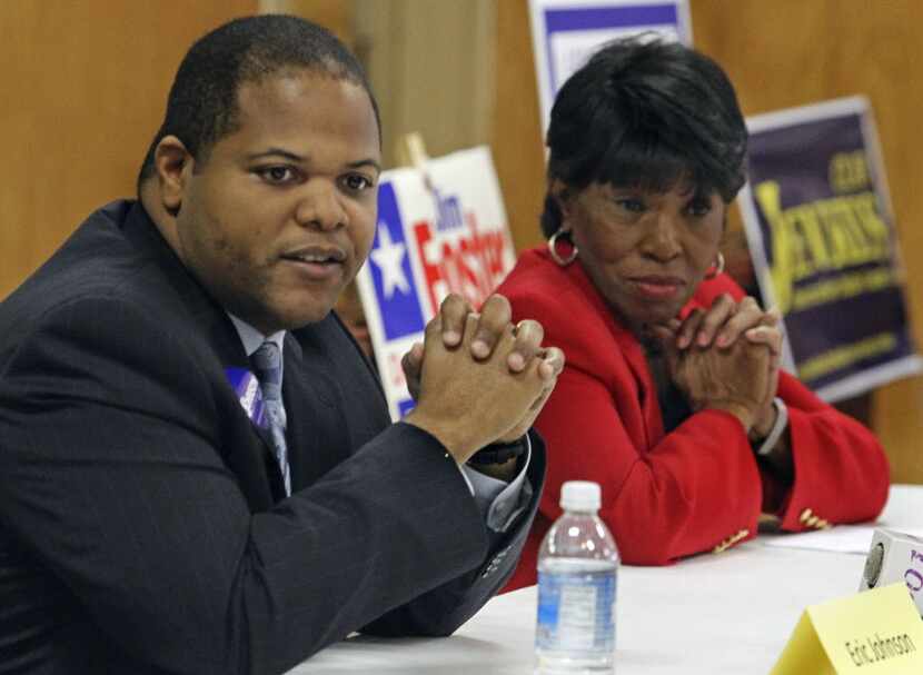 Then-Texas District 100 House candidates Eric Johnson (left) and Terri Hodge debated at a...