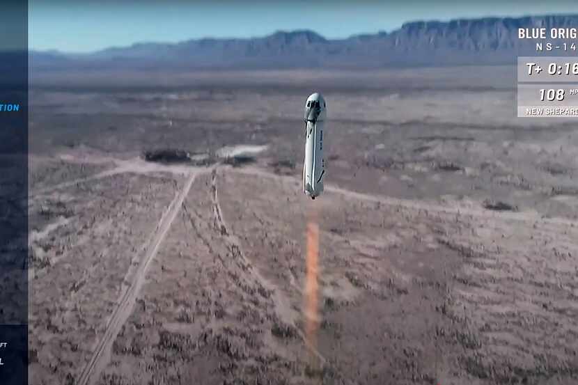 A video frame shows Blue Origin successfully launching its 14th mission to space and back...