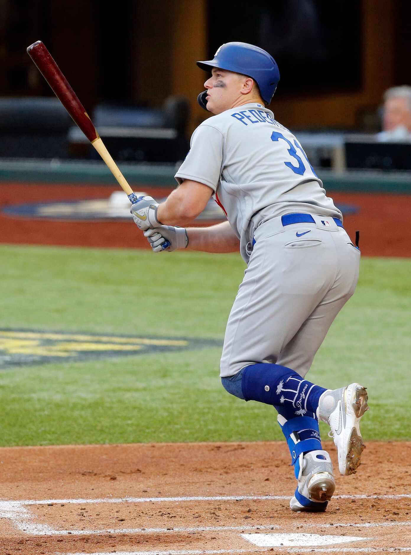 Los Angeles Dodgers batter Joc Pederson (31) watches his three-run homer against the Atlanta...