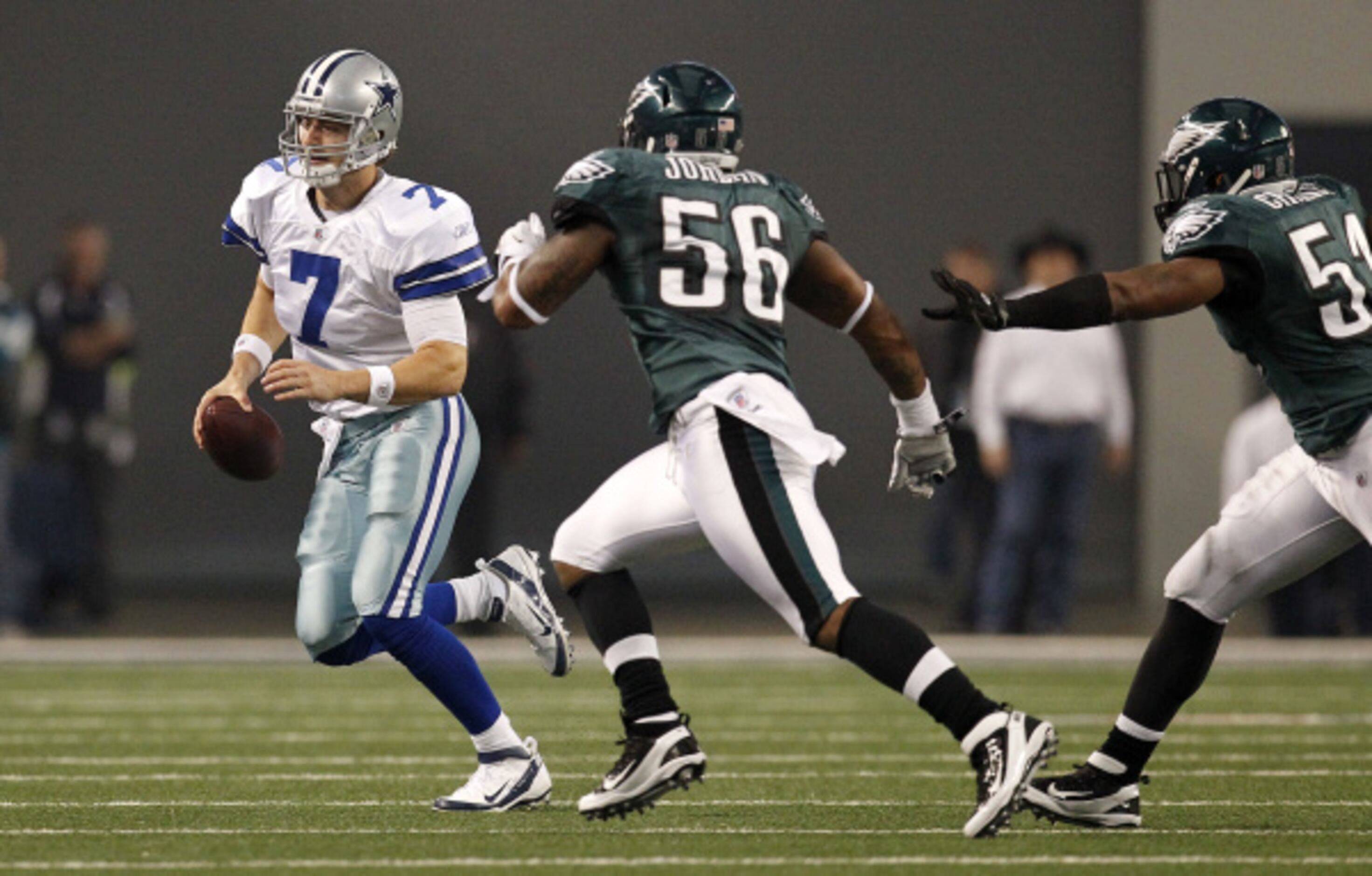 Dallas Cowboys quarterback Stephen McGee (7) tries to take the ball down  field in the first half of their pre-season footbal…