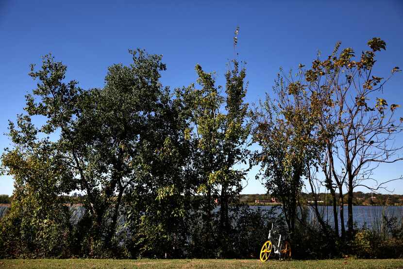 A VBike rental waits in the grass by White Rock Lake in in Dallas on Oct. 23, 2017. 