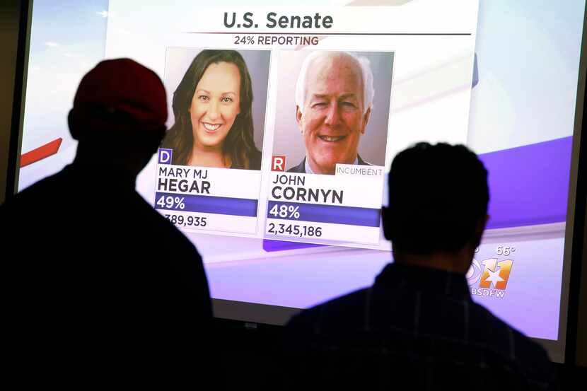 Early Texas Senate returns between R-John Cornyn and D- Mary MJ Hegar are shown on a screen...