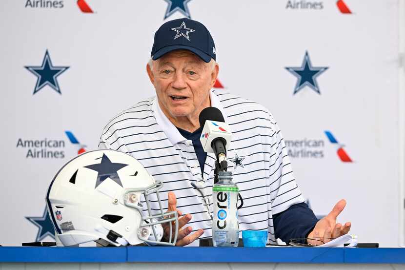 Dallas Cowboys owner Jerry Jones takes questions from the media at the start of NFL football...