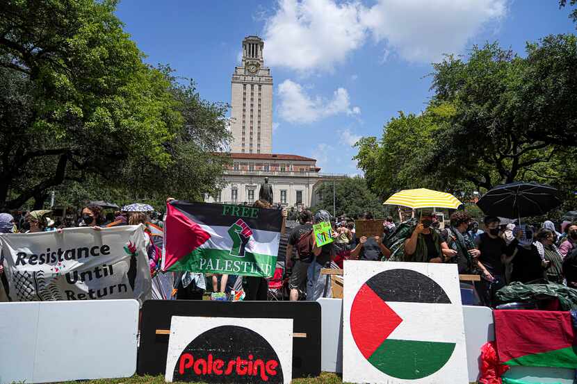 Protesters set up an encampment to call attention to the Israel-Hamas war and to condemn the...