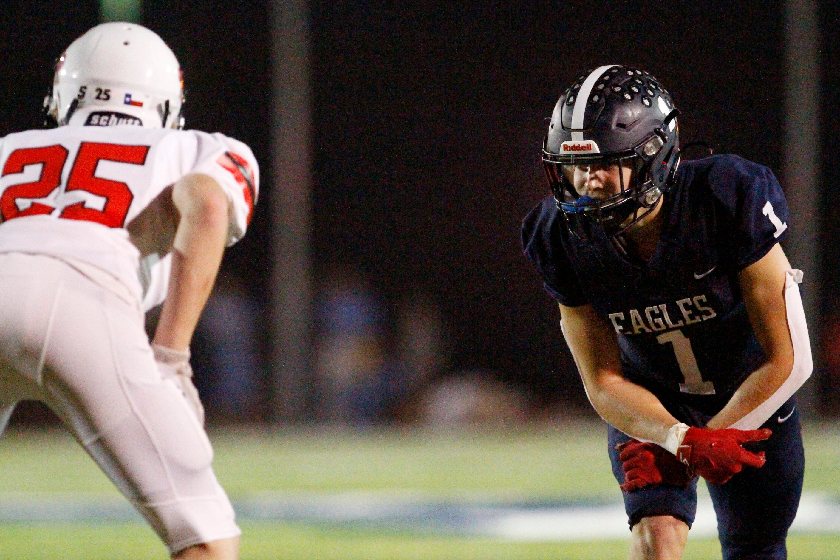 Episcopal School of Dallas junior wide receiver Blair Brennan (1) lines-up versus Houston...