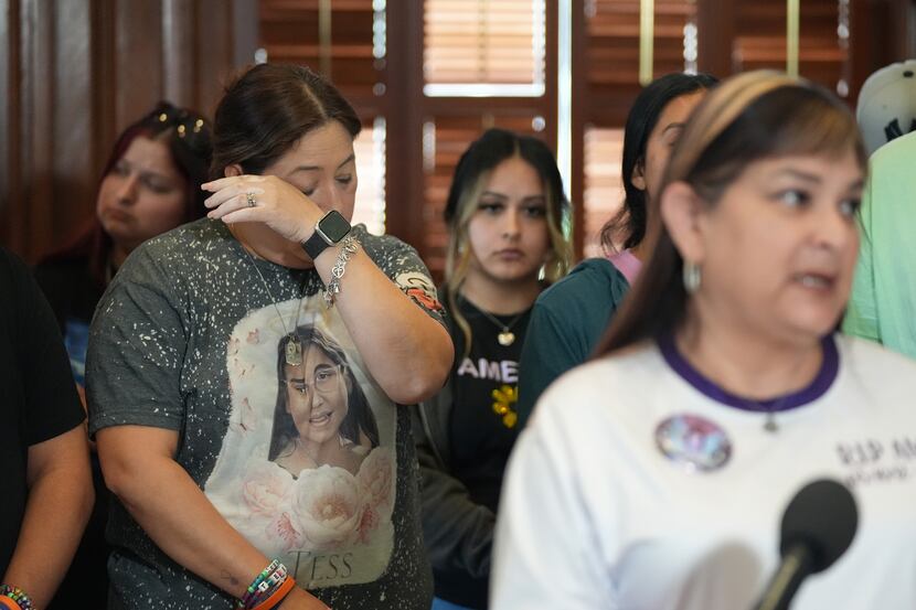 Veronica Mata, mother of Uvalde school shooting victim Tess Mata, cries at a news conference...