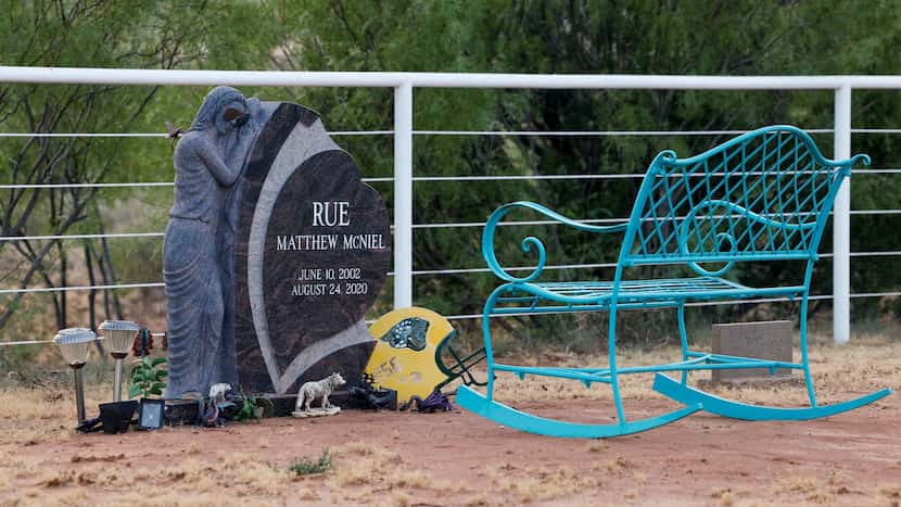 The headstone of Rue McNiel at the Guthrie Cemetery in Guthrie, Texas, Thursday, July 28,...