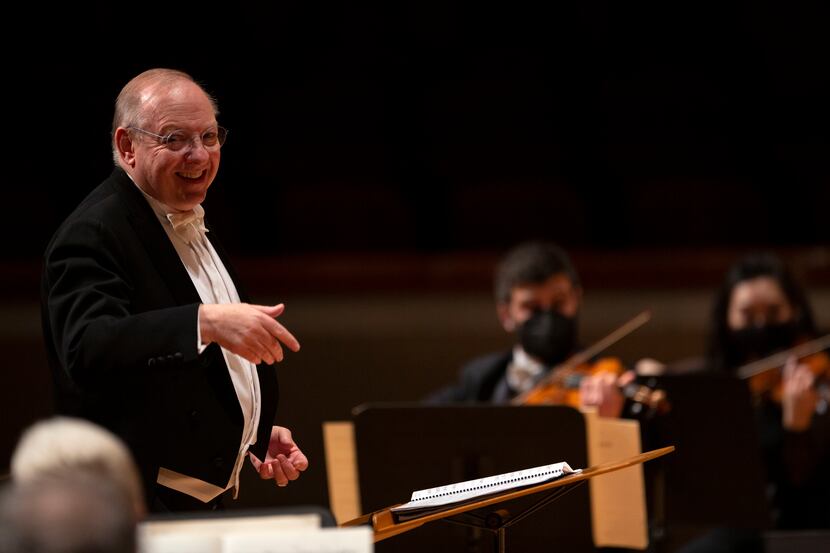 Guest conductor Nicholas McGegan leads the Dallas Symphony Orchestra at Meyerson Symphony...