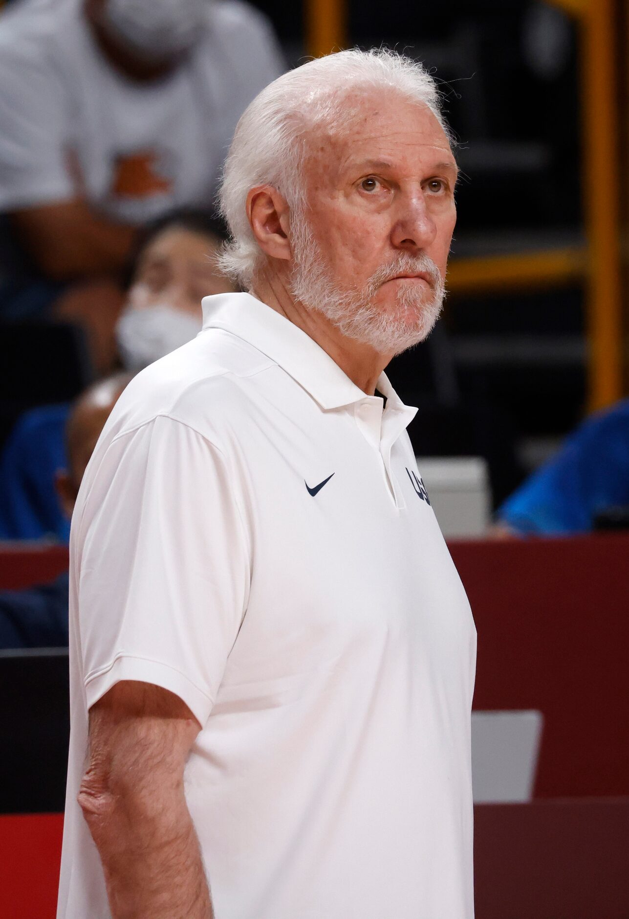 USA’s head coach Gregg Popovich watches as his team plays Spain during the first half of a...