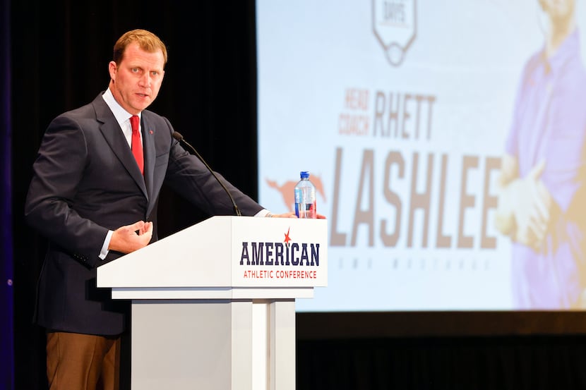 SMU head coach Rhett Lashlee speaks during the American Athletic Conference media day at...