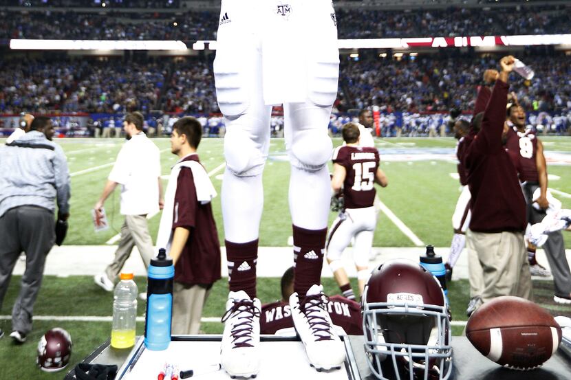 ATLANTA, GA - DECEMBER 31: Johnny Manziel #2 of the Texas A&M Aggies reacts late in the game...