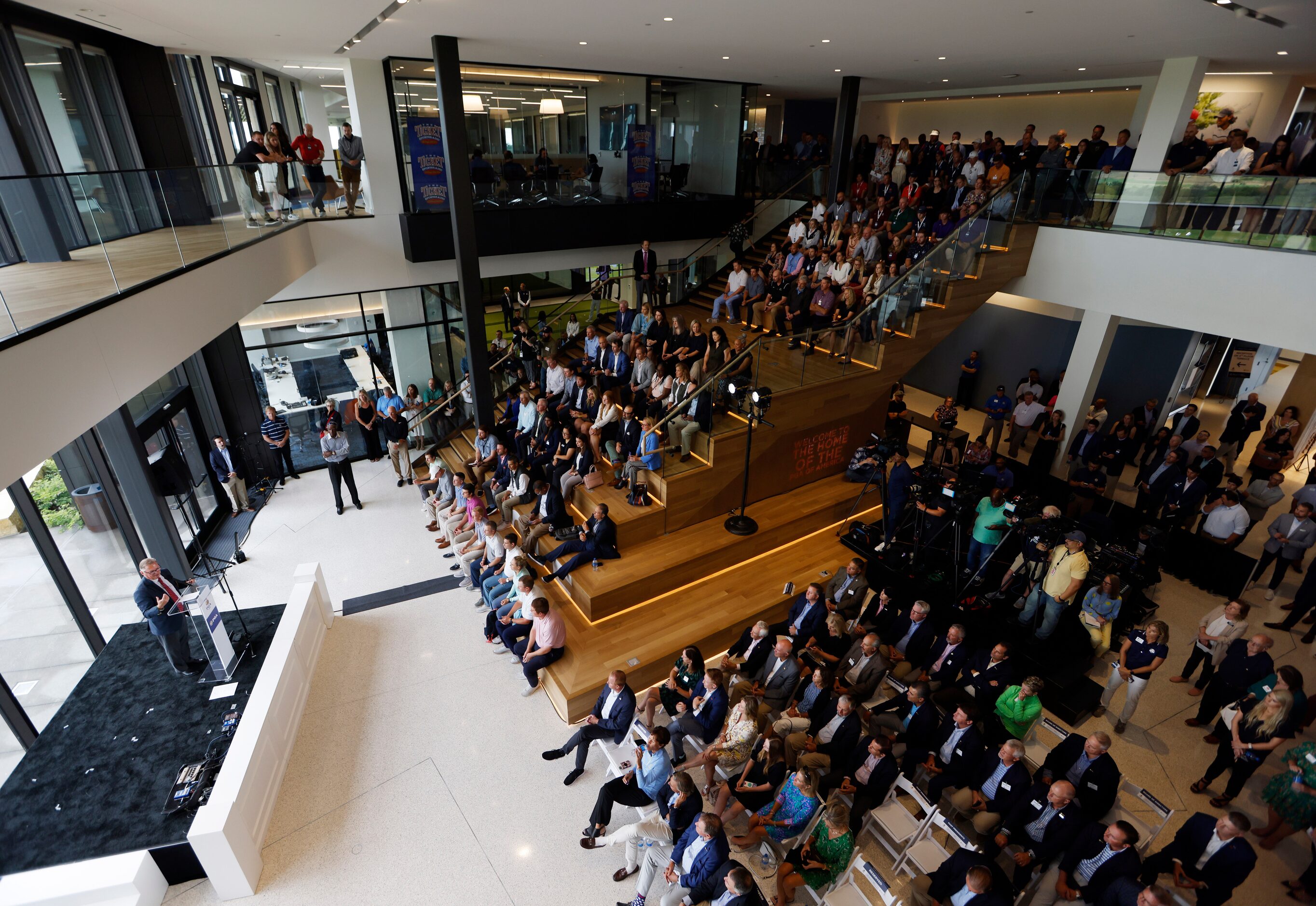 PGA of America president, Jim Richerson talks during a “Welcome Home Celebration,” event at...