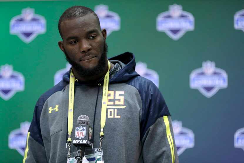 Florida State offensive lineman Roderick Johnson speaks during a news conference at the NFL...