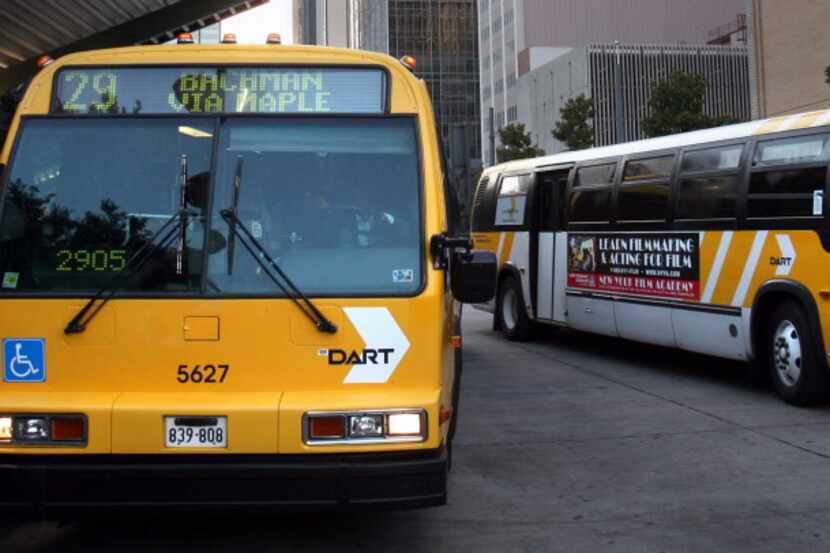 A DART bus pulls away from the West Transfer Station in downtown Dallas. (File Photo)