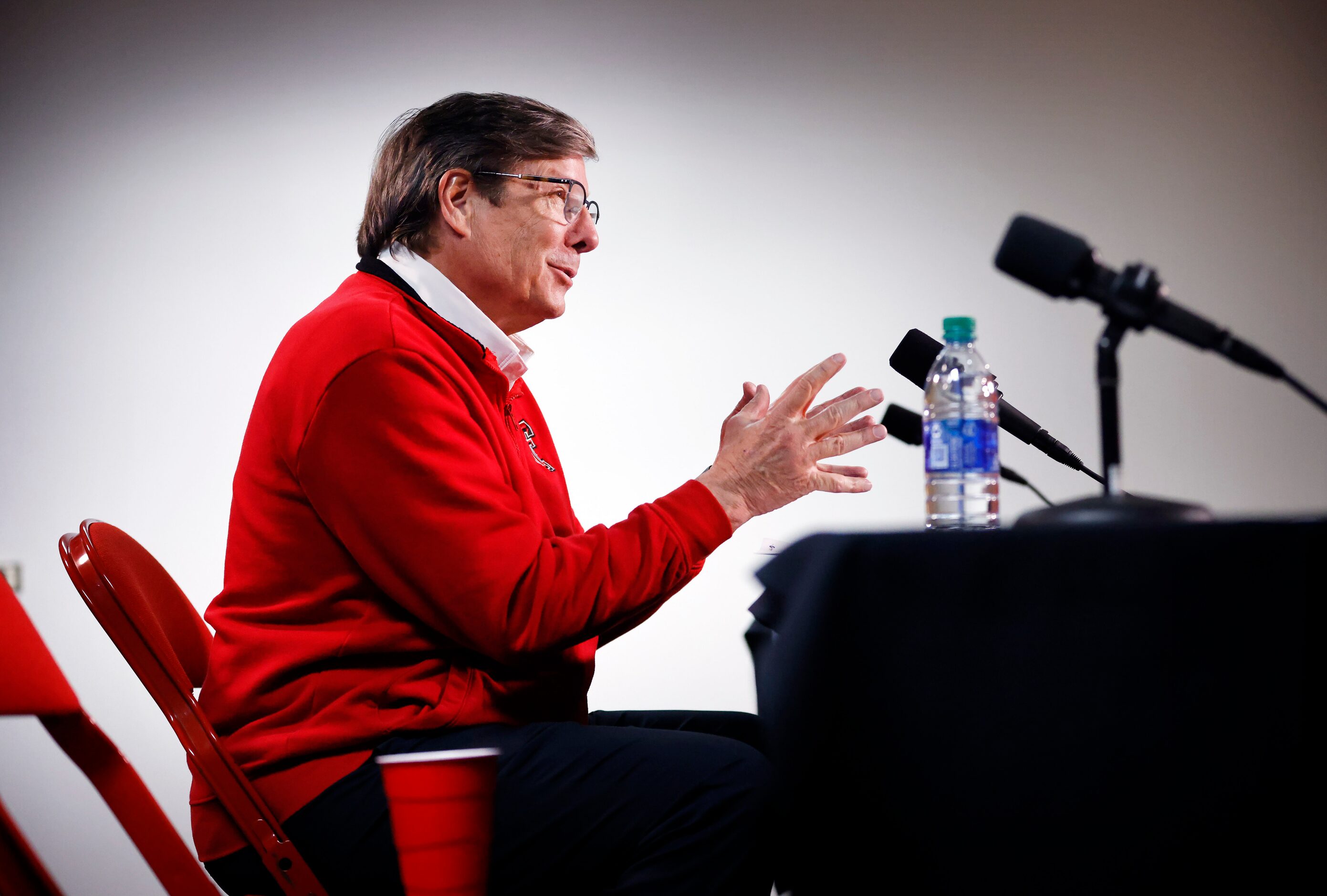 Texas Tech Red Raiders head coach Mark Adams responds to questions from the media following...