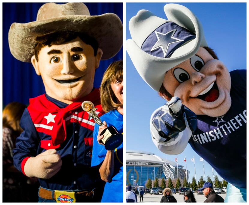 Left: Big Tex, or maybe Dallas Cowboys mascot Rowdy? Right: Rowdy... We think. Maybe Big Tex?