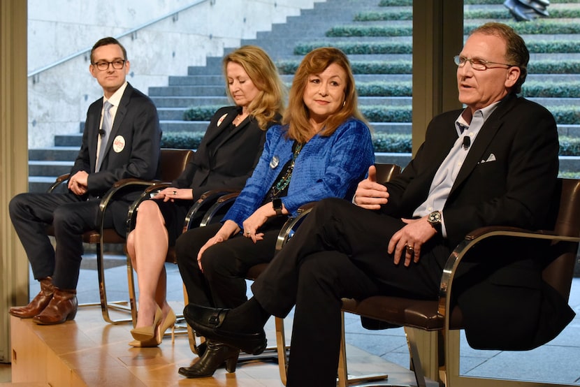 Mayoral candidate Mike Ablon, from right, sits with other candidates as he speaks about the...