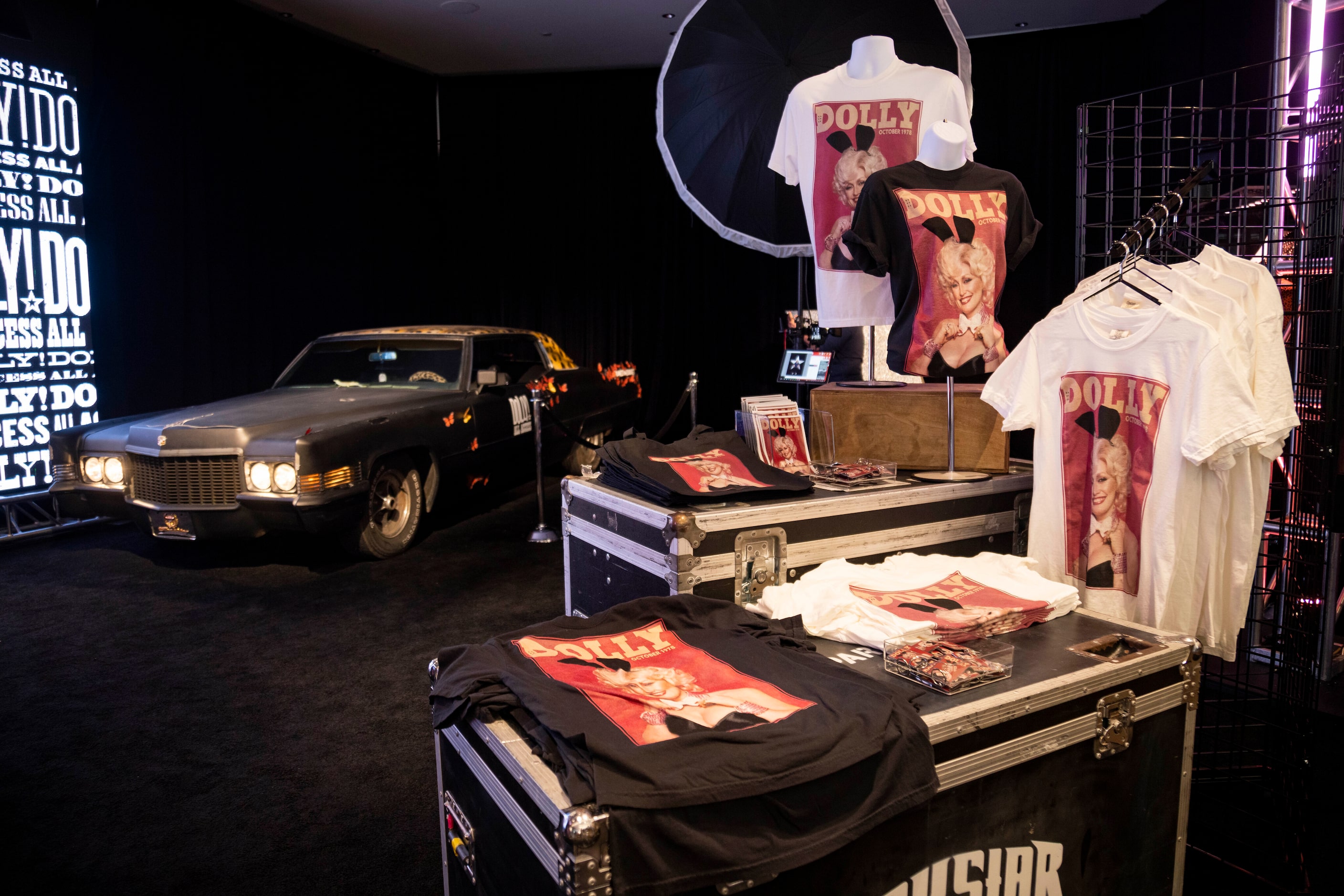 Dolly Parton shirts and a car for photo ops at her pop-up store during a media preview to...