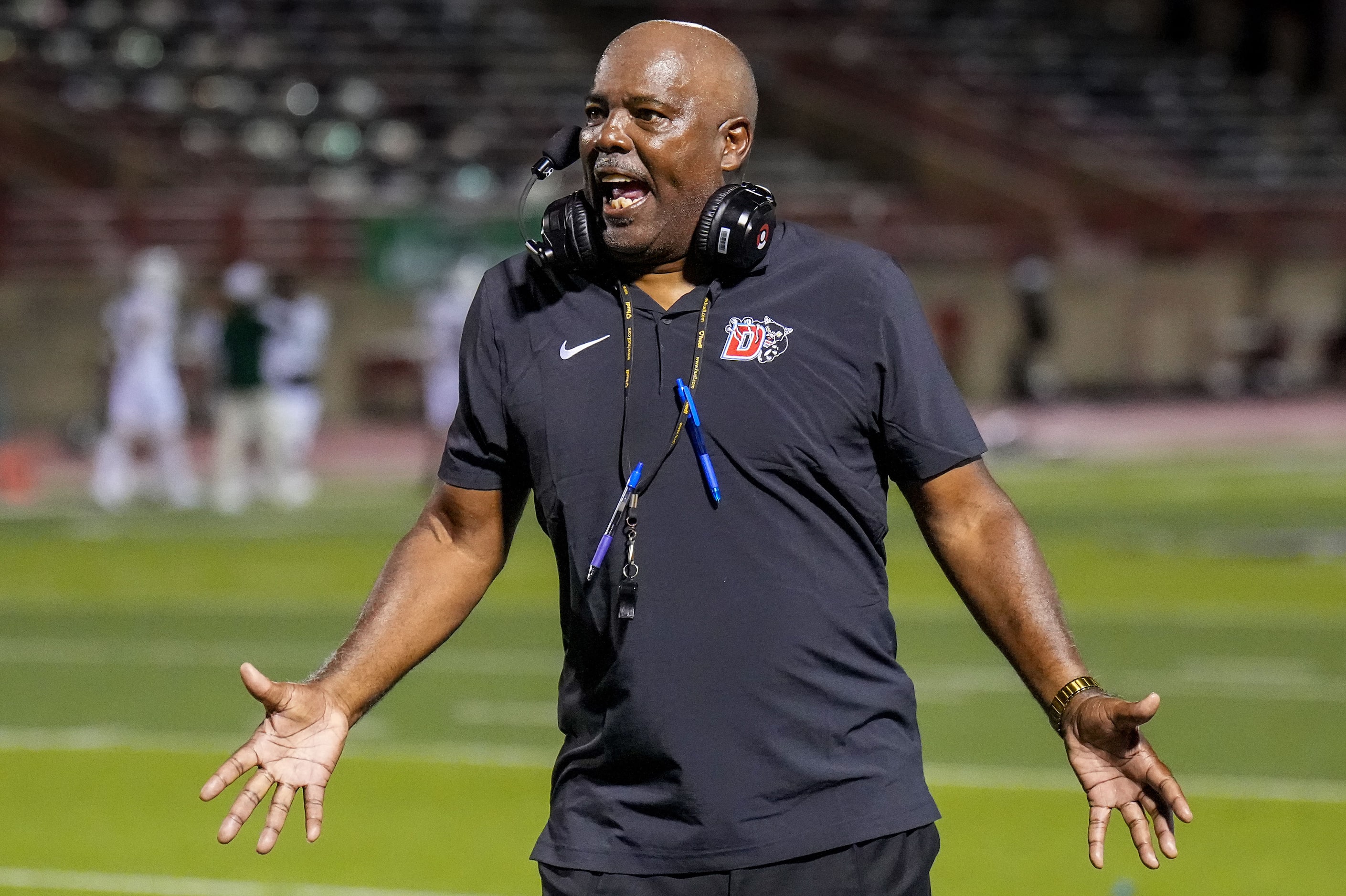 Duncanville head coach Reginald Samples reacts to a call during the first half of a District...