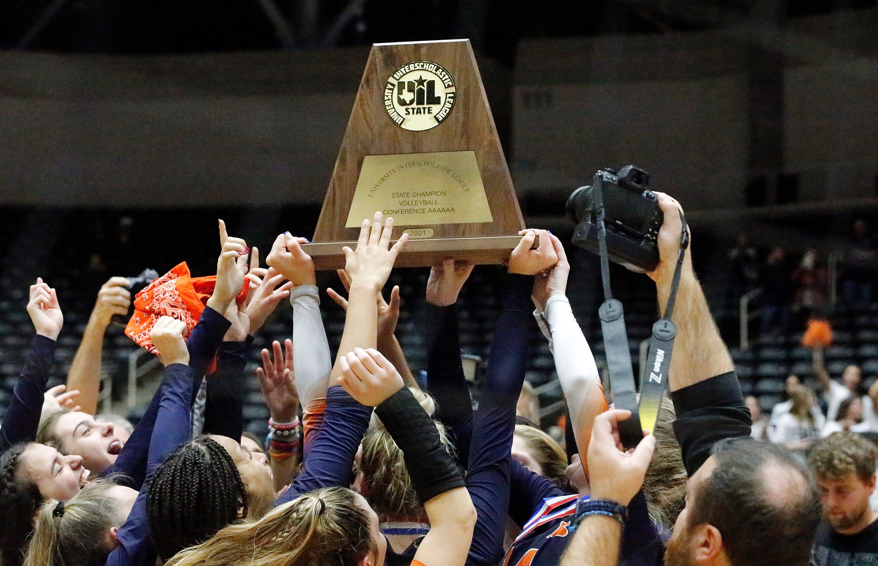 Northside Brandeis High School holds up the championship torphy after defeating  Keller High...