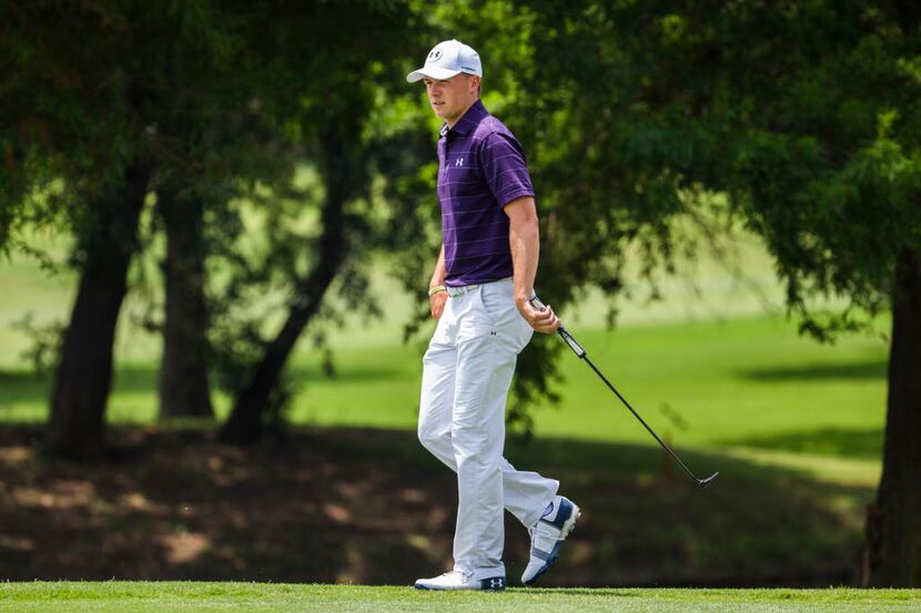 Jordan Spieth walks down the ninth fairway during round 1 of the AT&T Byron Nelson on...