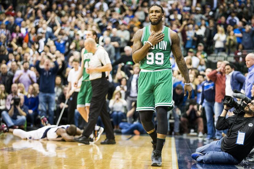 Boston Celtics forward Jae Crowder (99) reacts after being fouled by Dallas Mavericks guard...