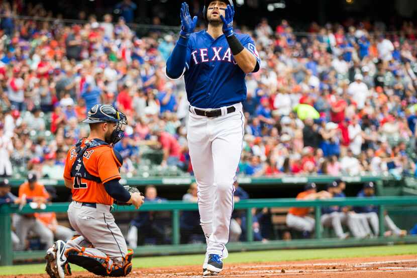 Texas Rangers first baseman Joey Gallo (13) celebrates a home run during the first inning of...