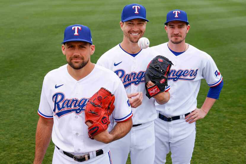 From left, Texas Rangers pitchers Nathan Eovaldi, Jacob deGrom, and Andrew Heaney pictured...