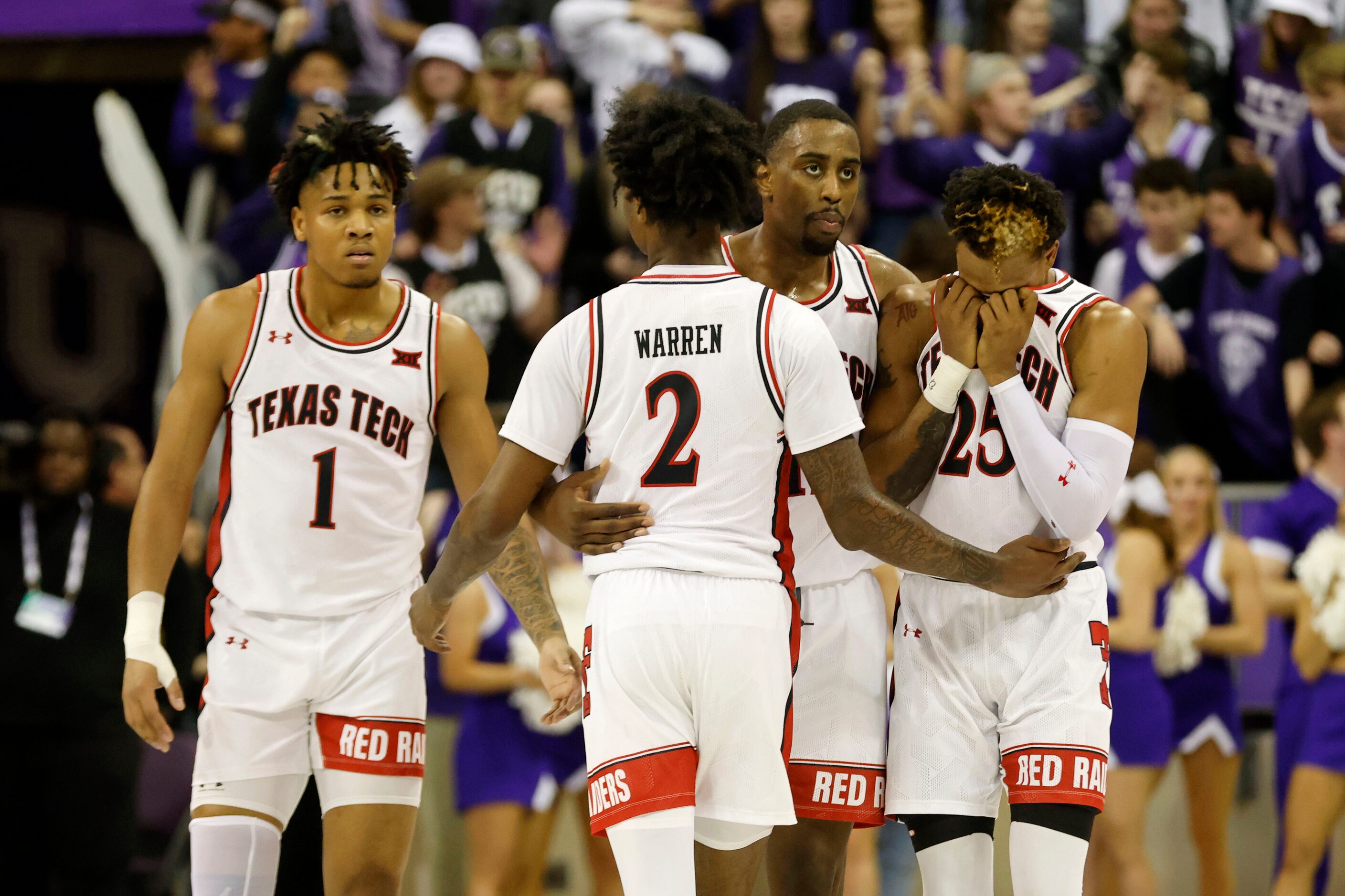 Texas Tech guard Terrence Shannon Jr. (1), guard Davion Warren (2) forward Bryson Williams...