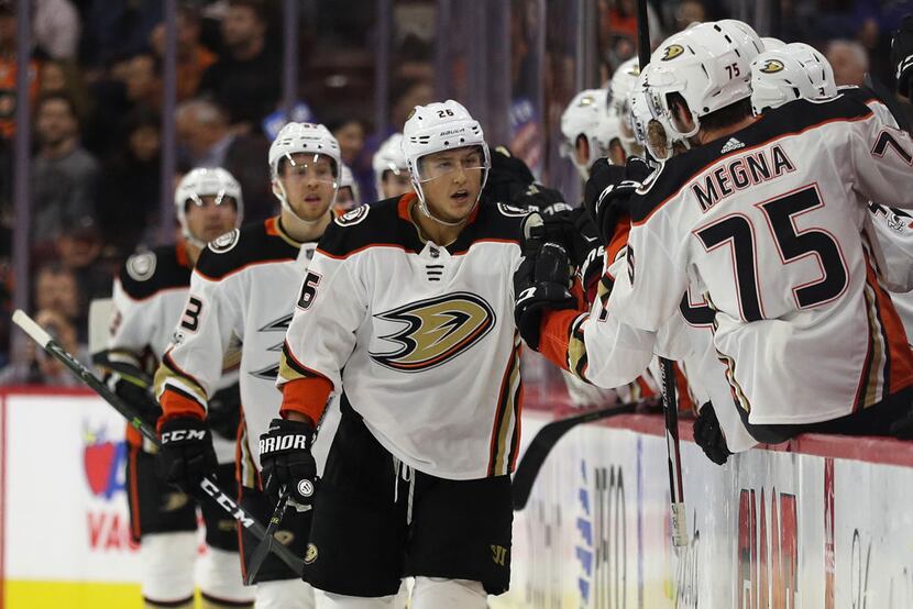 PHILADELPHIA, PA - OCTOBER 24: Brandon Montour #26 of the Anaheim Ducks celebrates his goal...