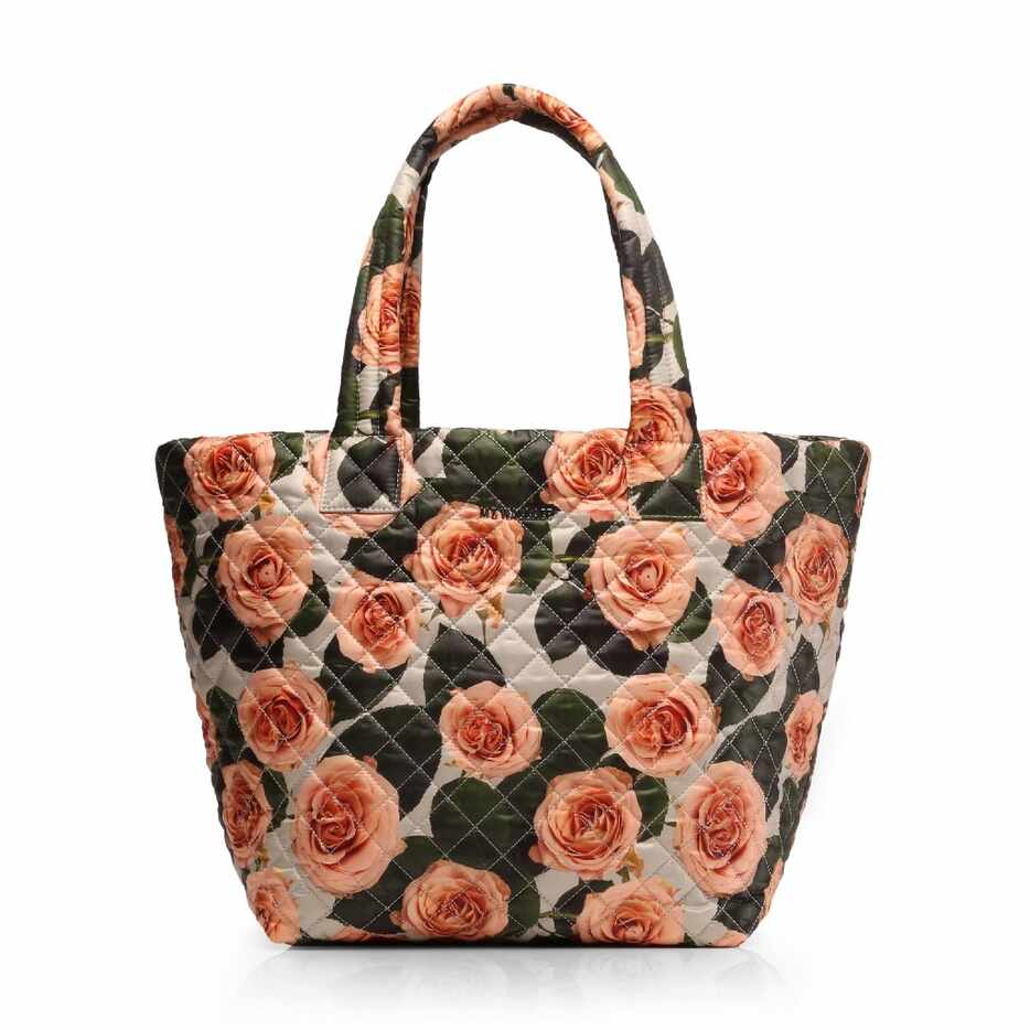 MZ Wallace quilted Medium Metro Tote in peach rose print, $215, mzwallace.com