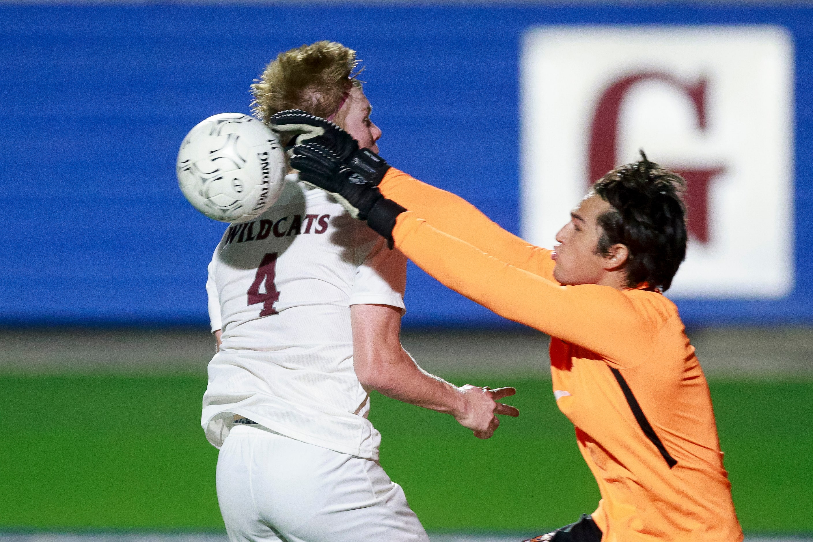 Katy Seven Lakes goalkeeper Anthony Gonzalez (1) pushes the ball away from Plano midfielder...