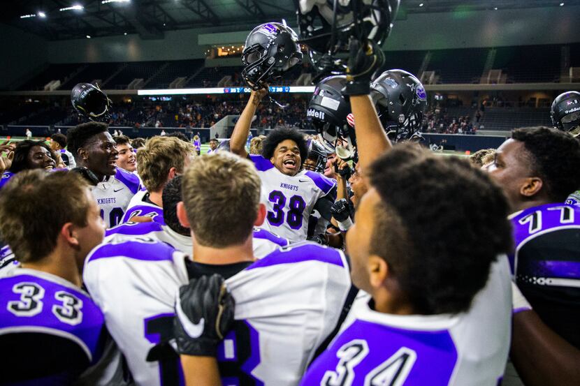 Frisco Independence defensive back Paxton Heath (38) leads his team in a celebration of...