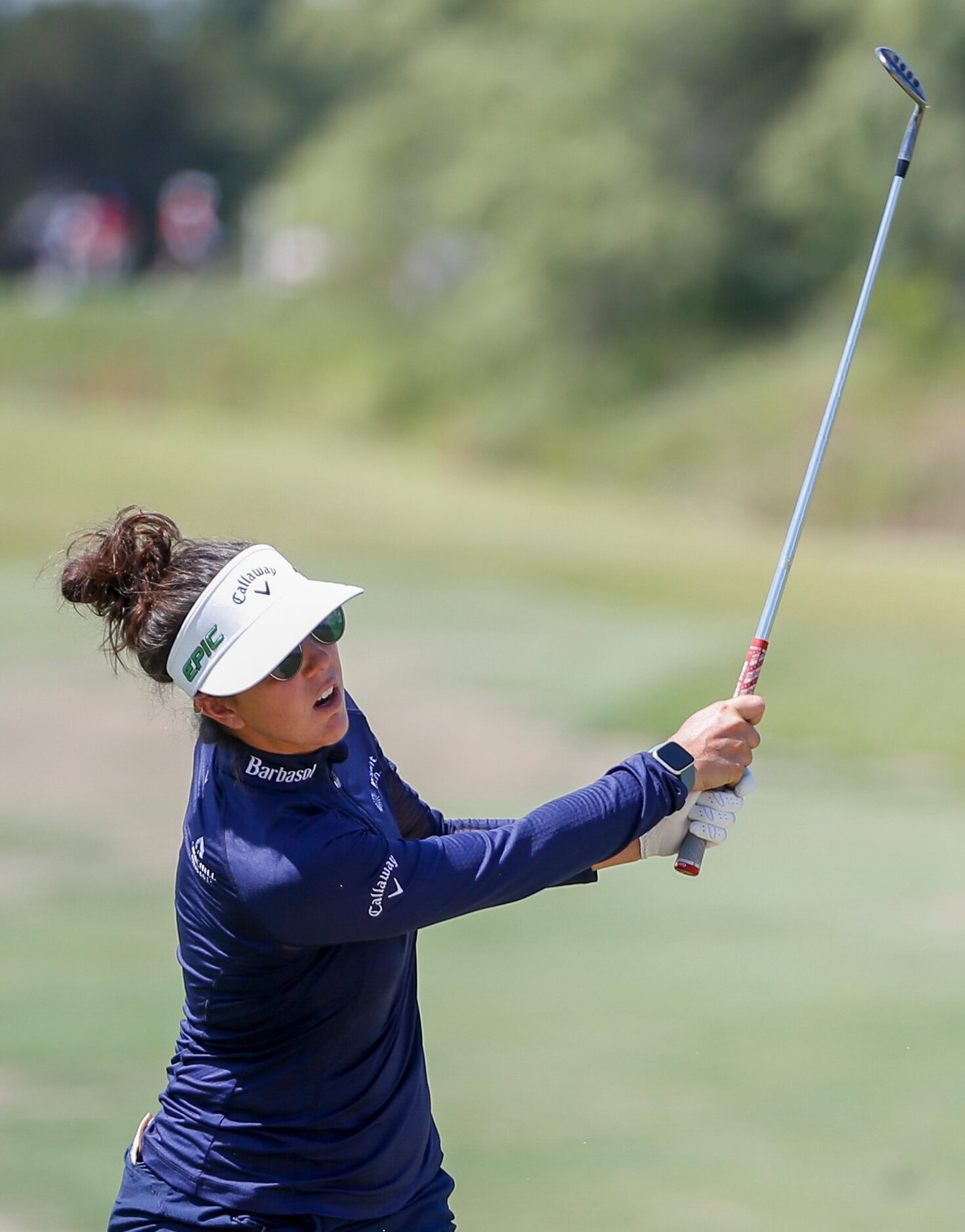 Professional golfer Emma Talley watches her shot on the 17th hole during round one of the...