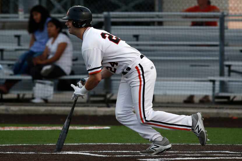 Rockwall's Will Frizzell bats against North Mesquite in their high school baseball game in...