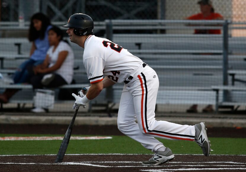 Rockwall's Will Frizzell bats against North Mesquite in their high school baseball game in...