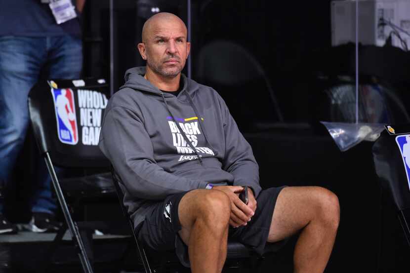Assistant coach Jason Kidd of the Los Angeles Lakers looks on before a game on July 30, 2020...