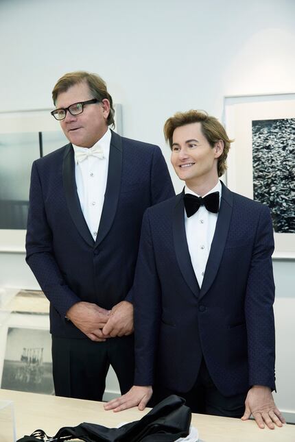 The couple during their tuxedo fitting. Each wore Salvatore Ferragamo midnight blue tuxedos. 