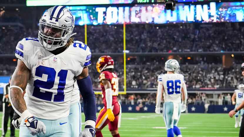 Dallas Cowboys running back Ezekiel Elliott celebrates after scoring a touchdown during the...