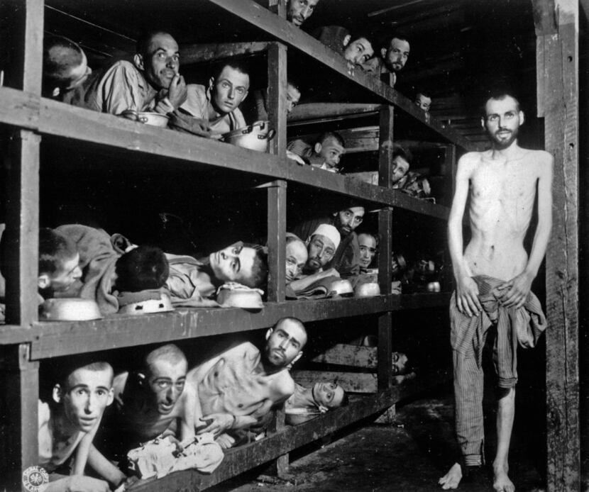   In this April 16, 1945  photo, inmates of the German KZ Buchenwald are seen inside their...