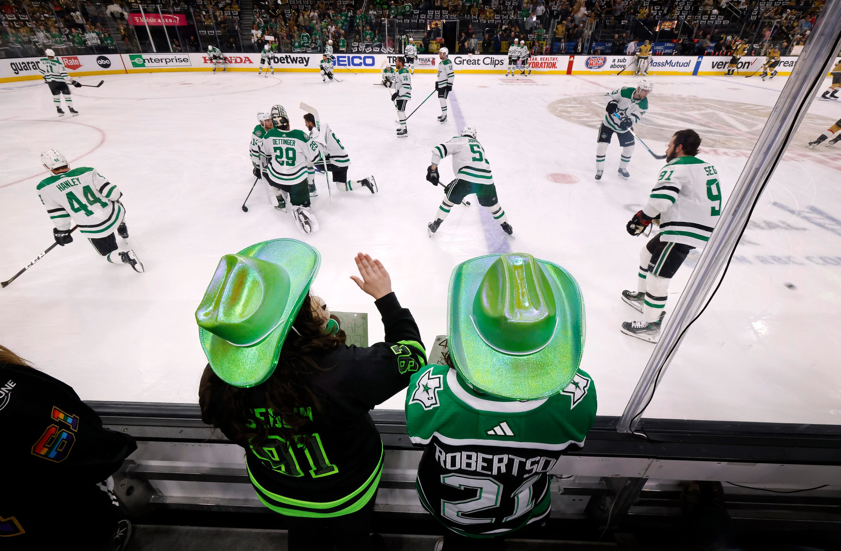 Dallas Stars fans Linda Desrosiers (left) and her friend Haley Ortiz of Los Angeles watch...