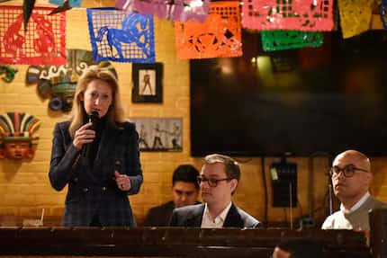 Dallas Mayoral candidate Lynn McBee, left, speaks at the monthly community event Chorizo and...