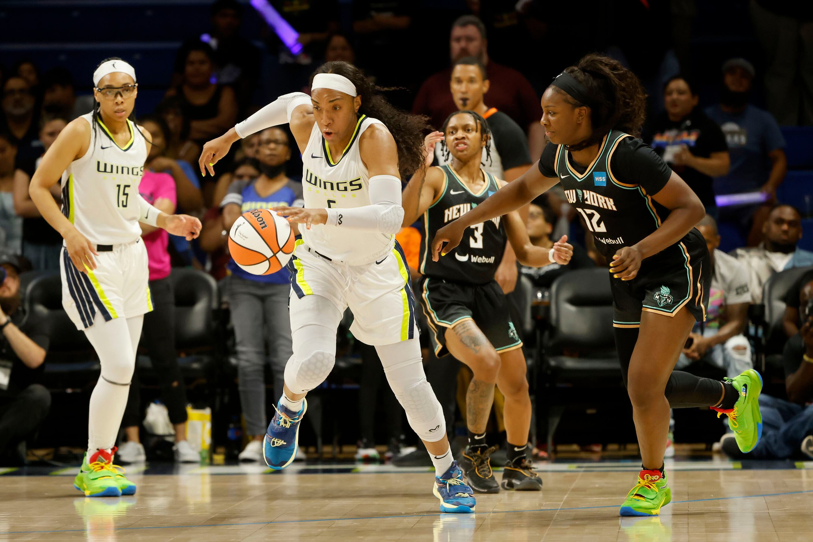 Dallas Wings forward Kayla Thornton (6) steals the ball away from New York Liberty forward...