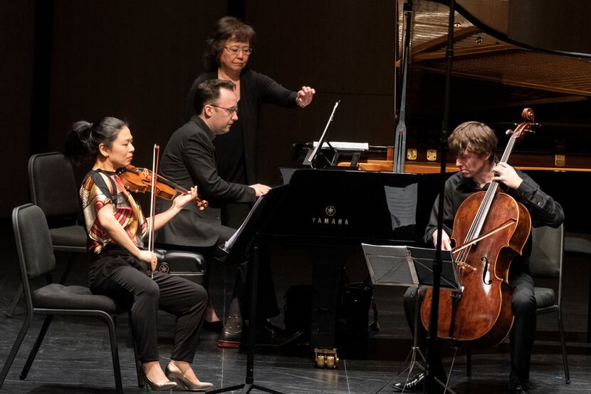 Ayano Ninomiya on violin (left), Alexandre Moutouzkine on piano and Clancy Newman on cello...