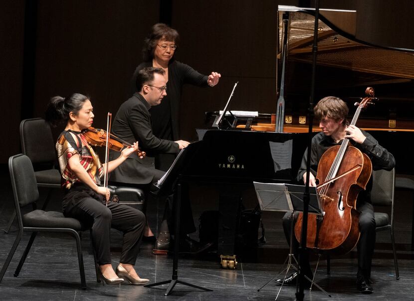 Ayano Ninomiya on violin (left), Alexandre Moutouzkine on piano and Clancy Newman on cello...