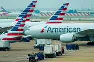 American Airlines planes are seen at the gates of Terminal C at DFW Airport on Tuesday, May...