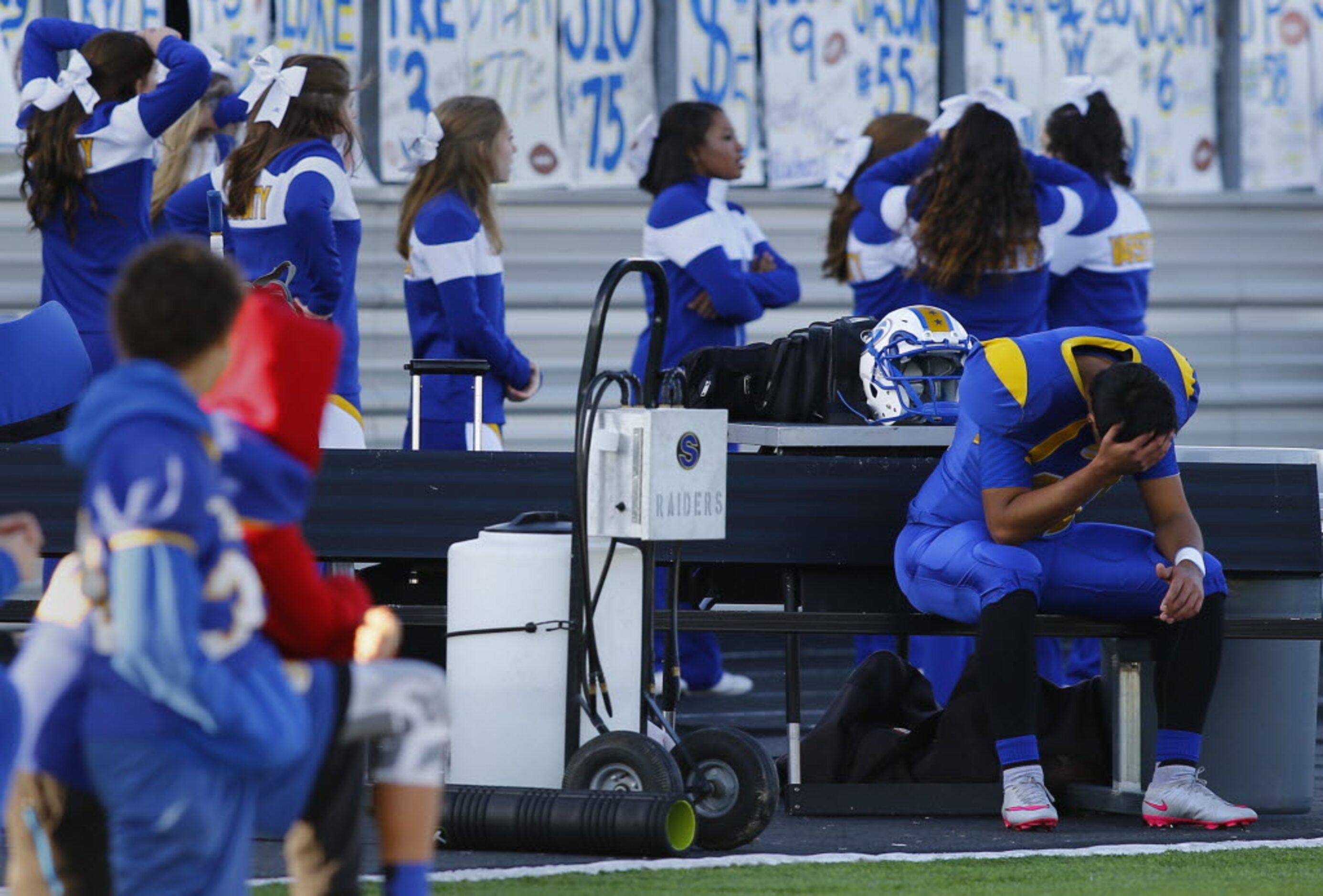 TXHSFB Sunnyvale's Ignacio Gallardo (17) reacts after Mineola scored late in their state...