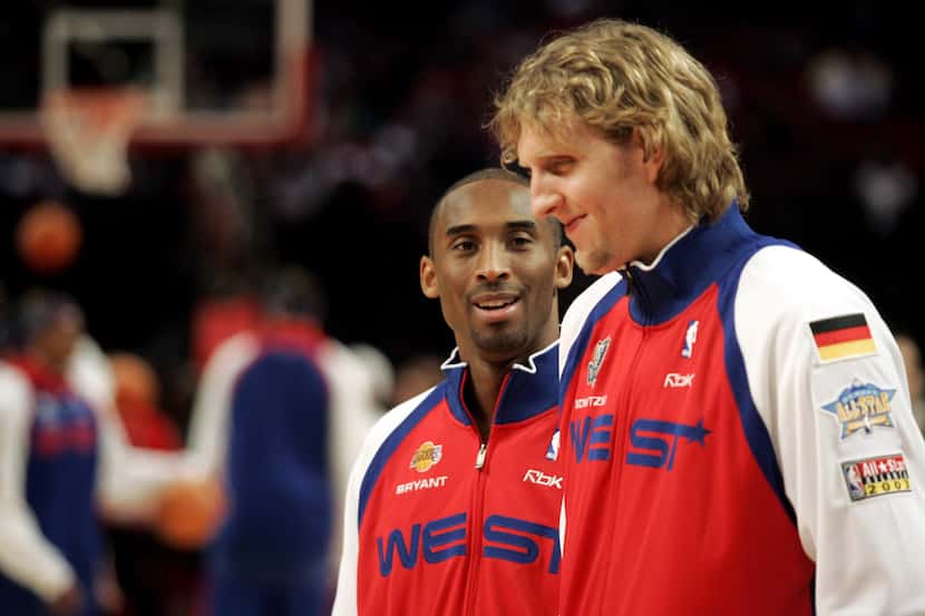 West's Kobe Bryant and Dirk Nowitzki before the 2006 NBA All Star game at the Toyota Center...