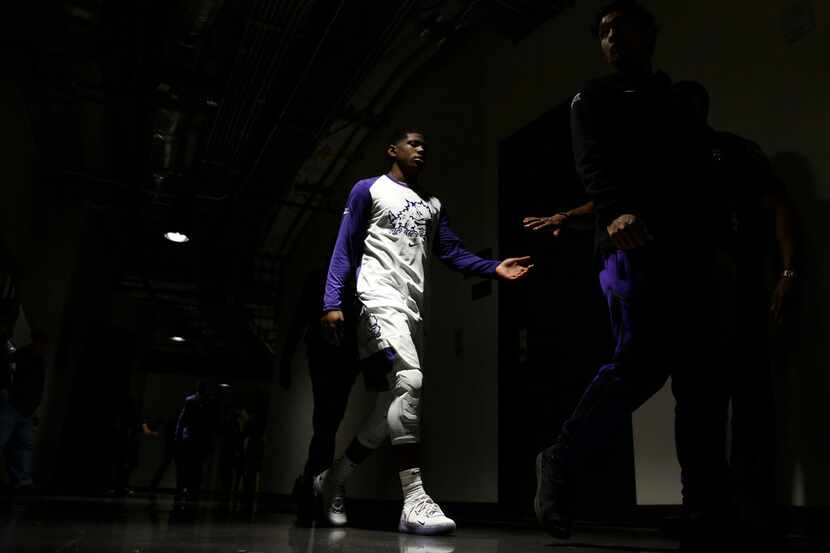 TCU Horned Frogs guard Kendric Davis (5) walks to the court during an NCAA basketball game...