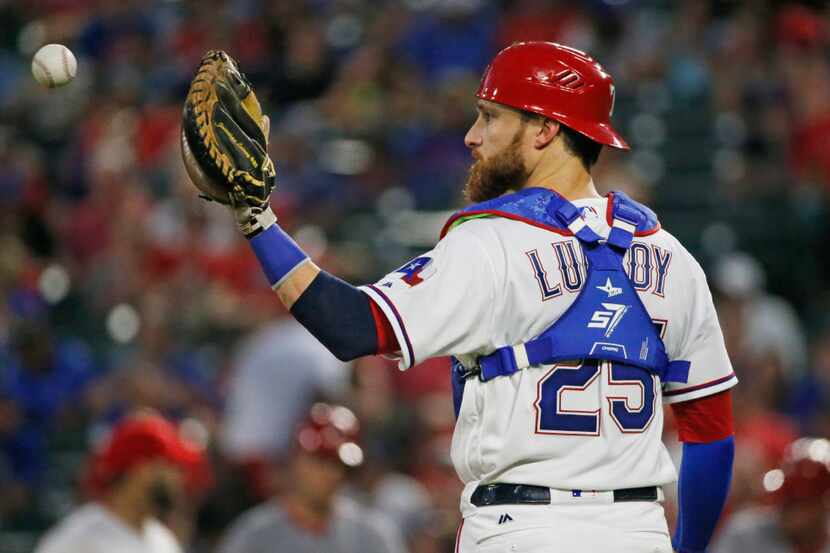 Texas Rangers catcher Jonathan Lucroy (25) is pictured during the Los Angeles Angels vs. the...
